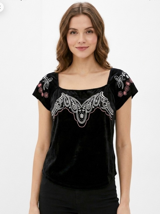 Free People Tops - Free People Black Velvet Top with Embroidered Details M